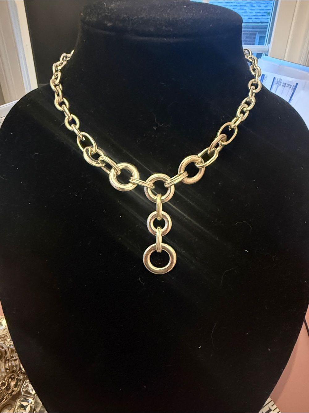 Chunky Silver Link Necklace with Circle Drop Pendant